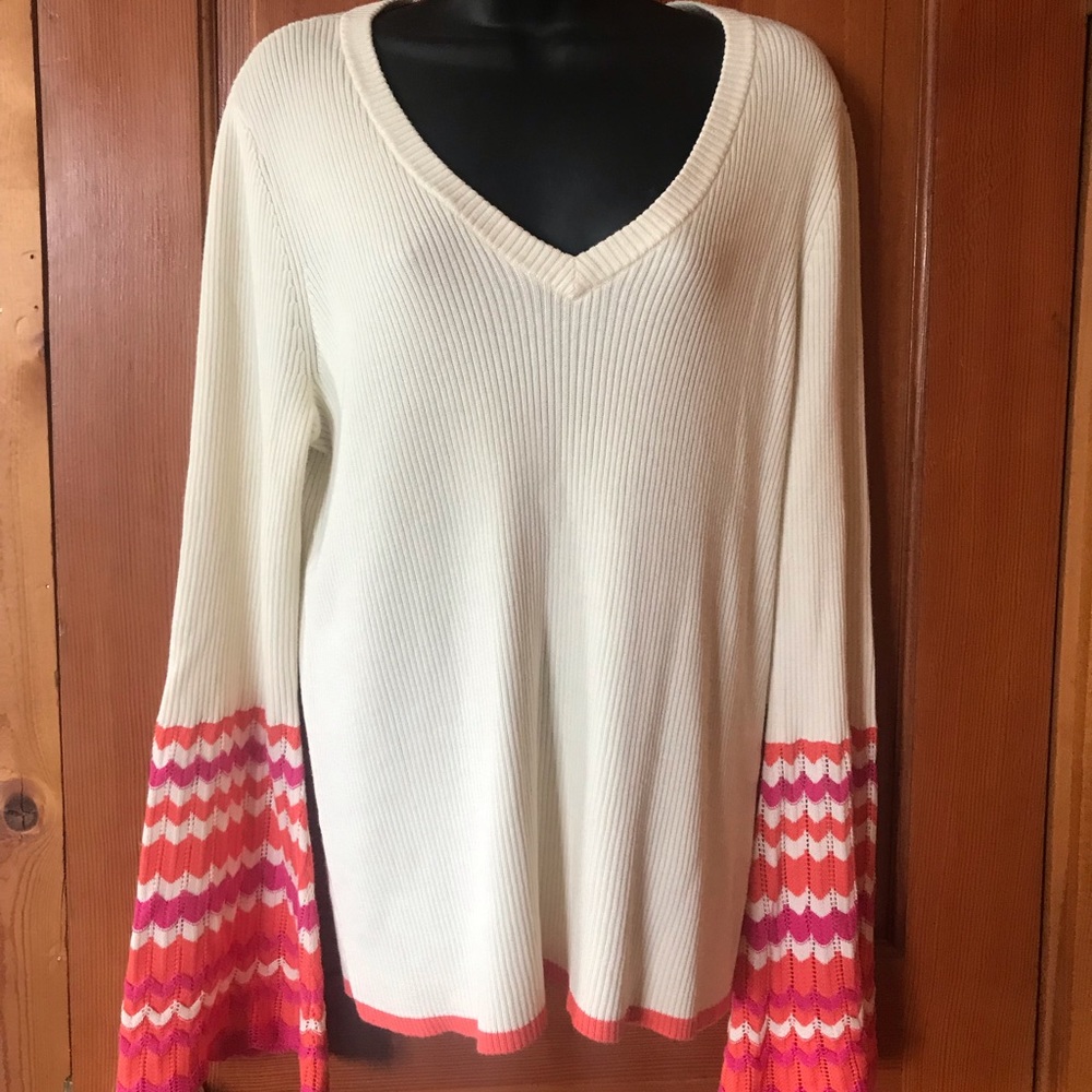 Wrangler Retro Women's Large Ivory Bell Sleeve Sweater Rainbow Sleeves